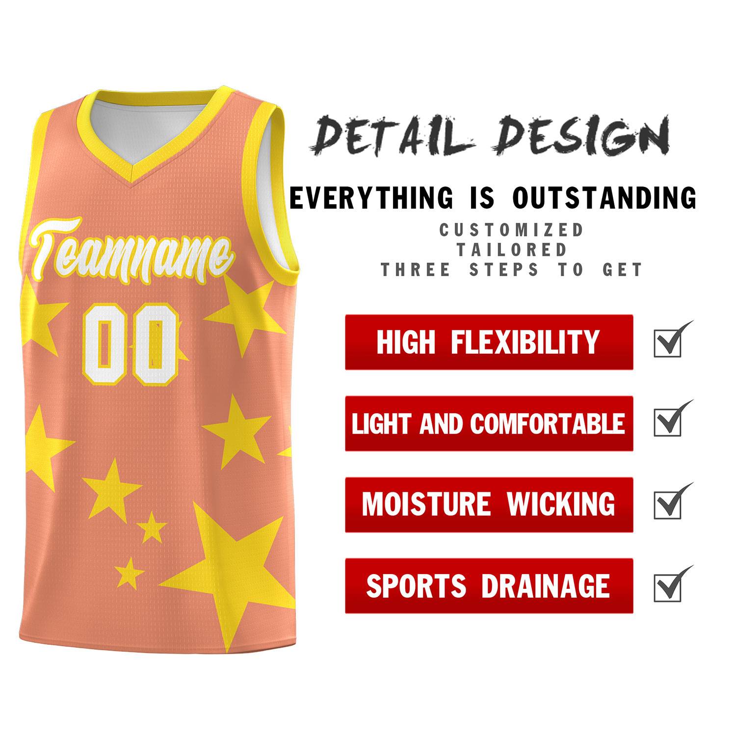 Custom Light Orange Gold Graffiti Pattern Star Print Basketball Jersey Sets