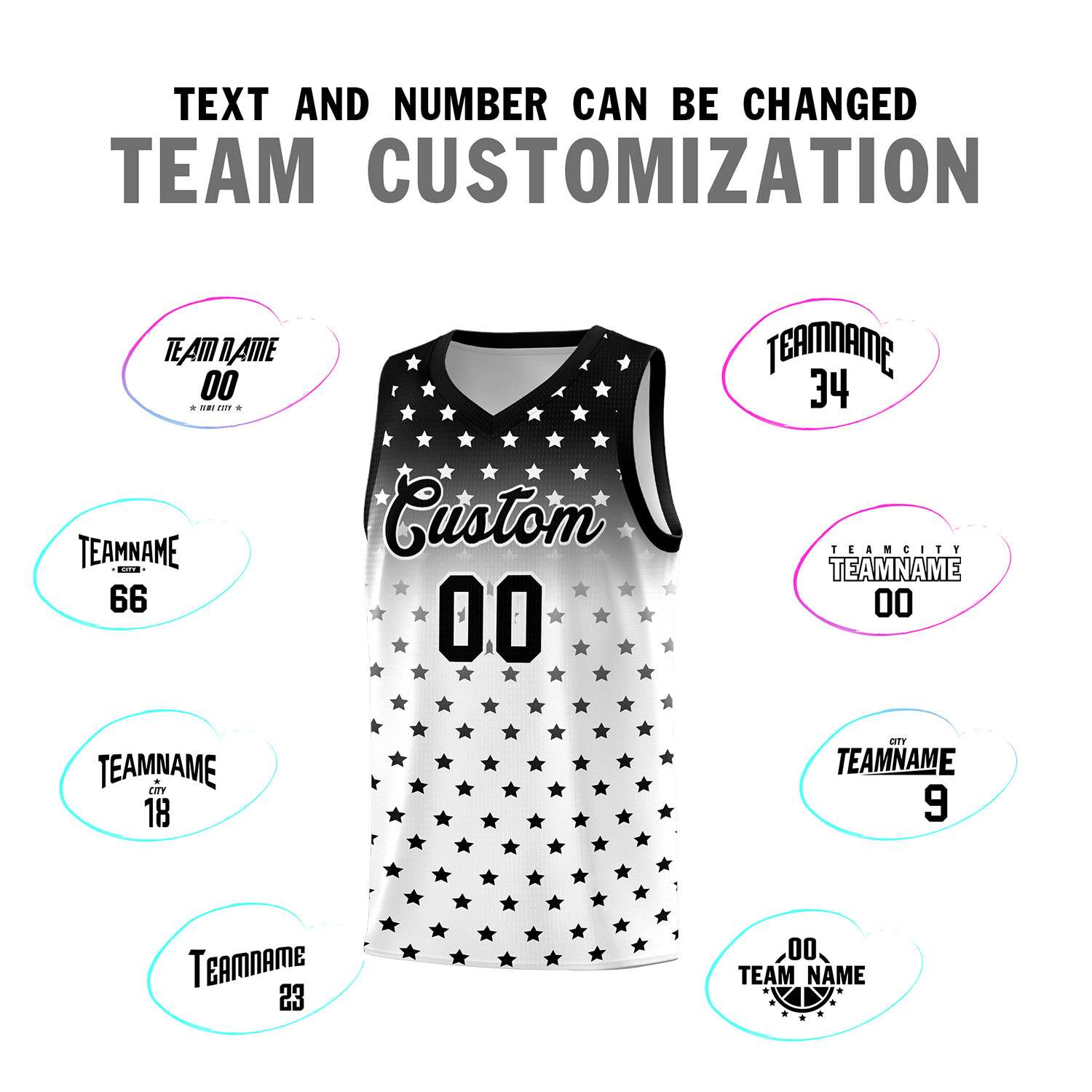 Custom Black White Gradient Start Pattern Basketball Jersey Sets