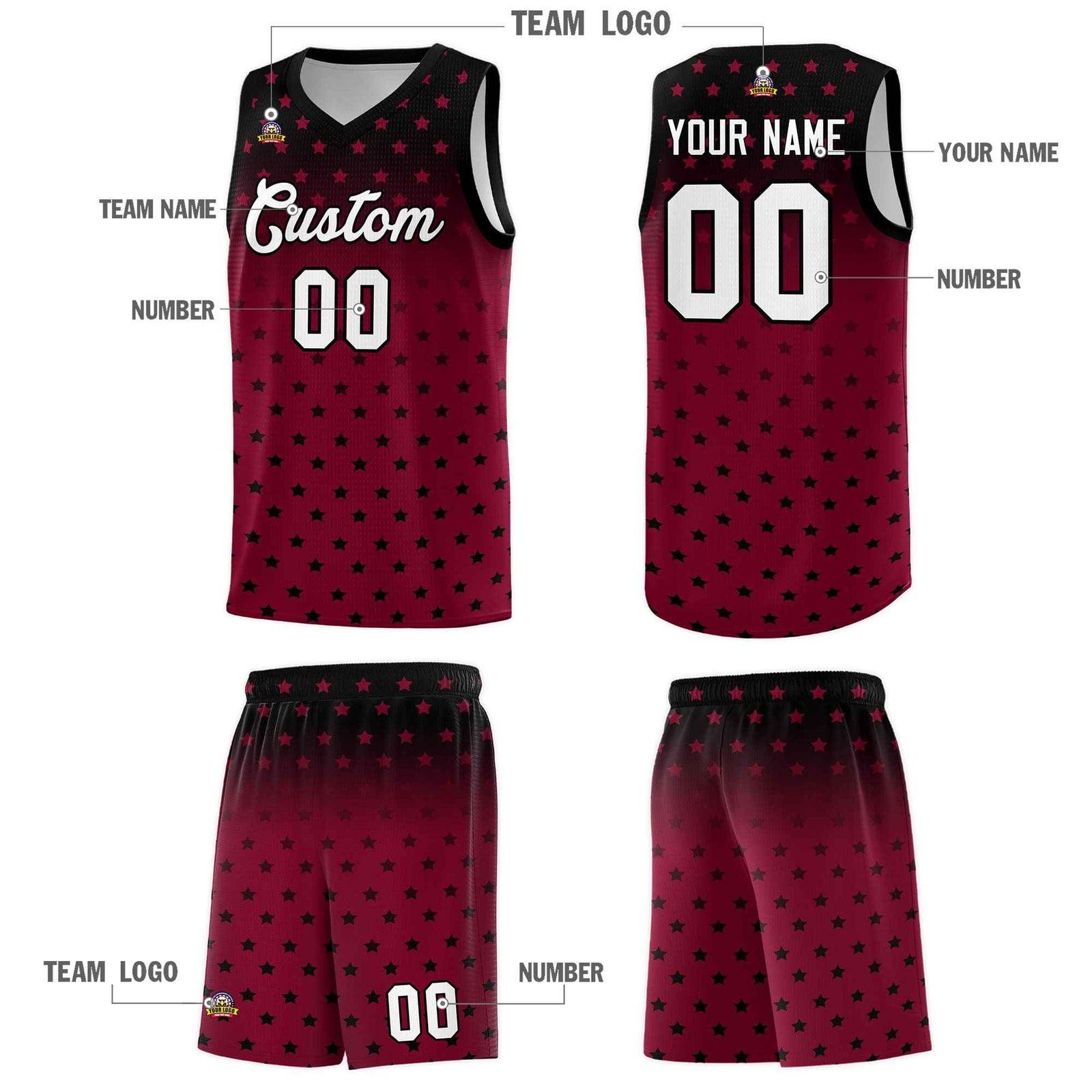 Custom Black Crimson Gradient Start Pattern Basketball Jersey Sets