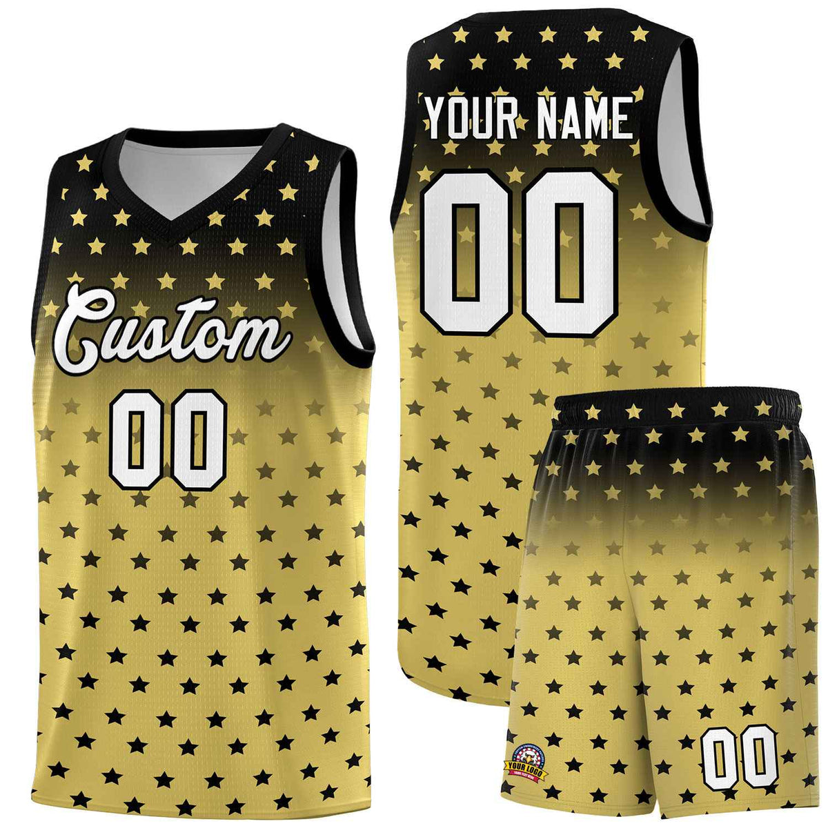 Custom Black Old Gold Gradient Start Pattern Basketball Jersey Sets