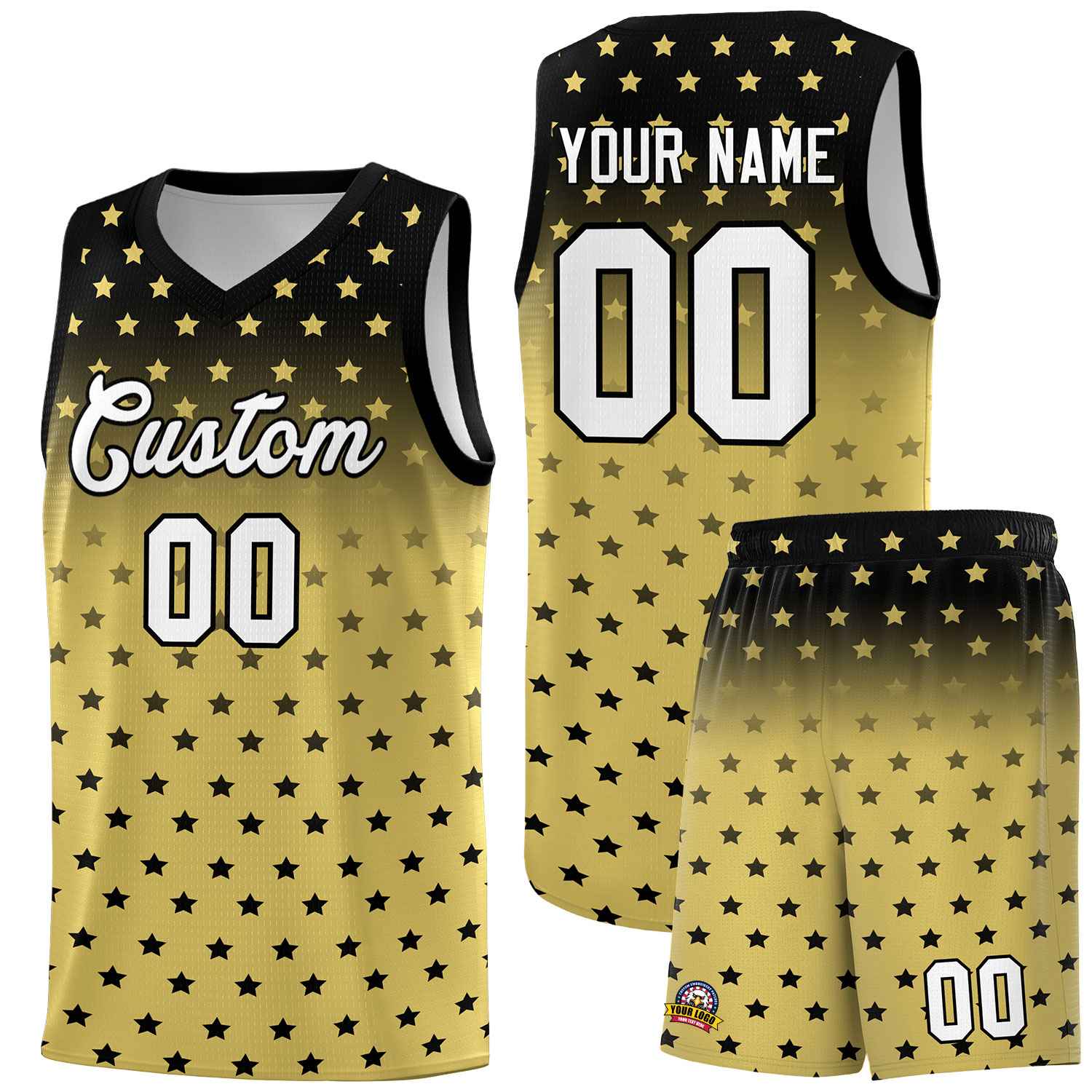 Custom Black Old Gold Gradient Start Pattern Basketball Jersey Sets
