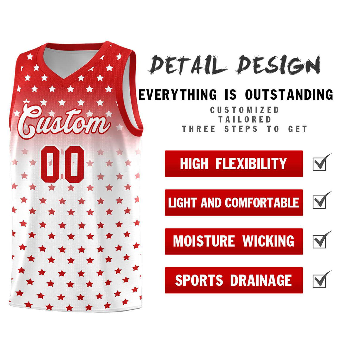 Custom Red White Gradient Start Pattern Basketball Jersey Sets