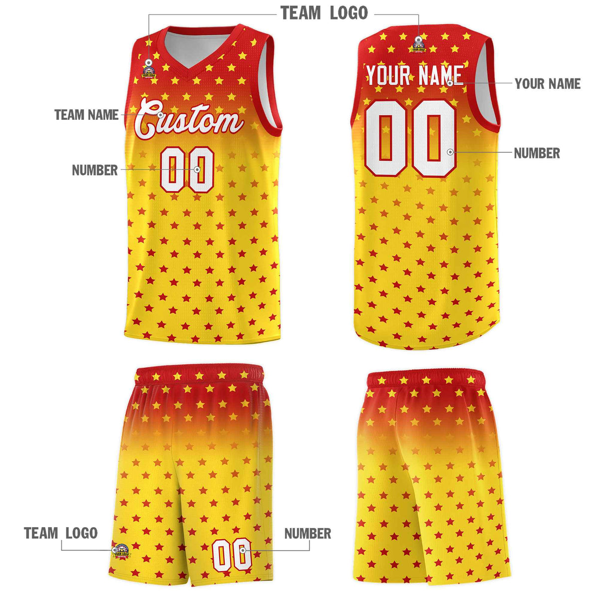 Custom Red Gold Gradient Start Pattern Basketball Jersey Sets