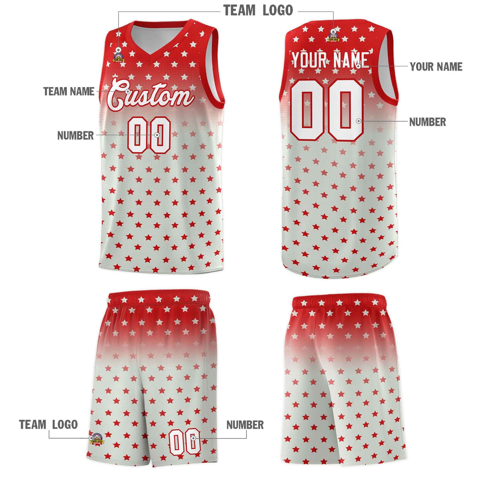 Custom Red Gray Gradient Start Pattern Basketball Jersey Sets