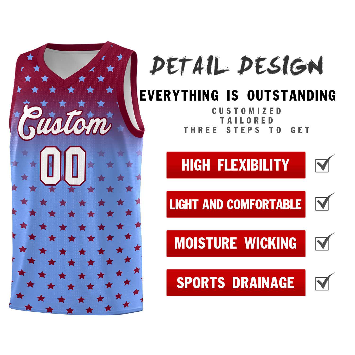 Custom Crimson Light Blue Gradient Start Pattern Basketball Jersey Sets