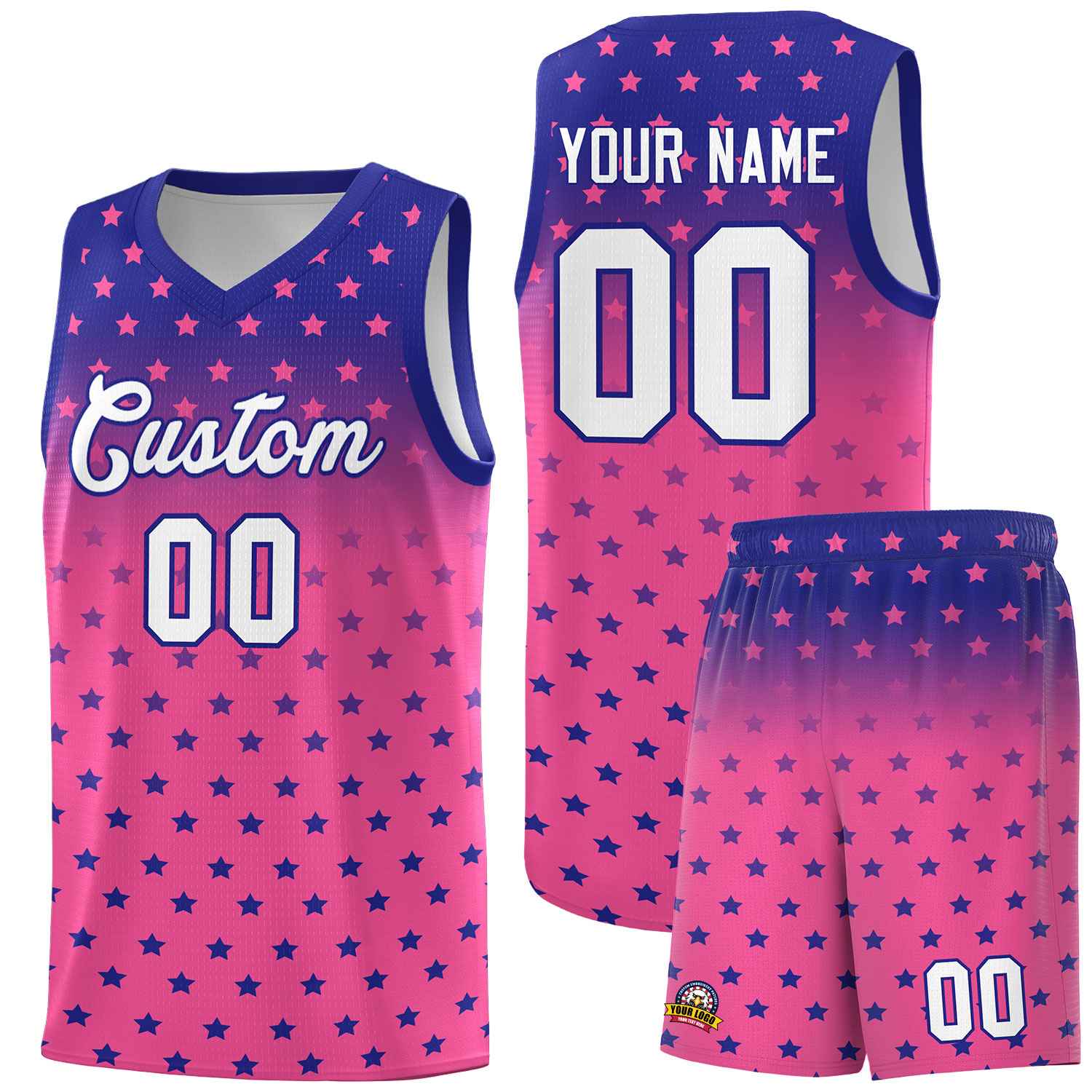 Custom Royal Pink Gradient Start Pattern Basketball Jersey Sets