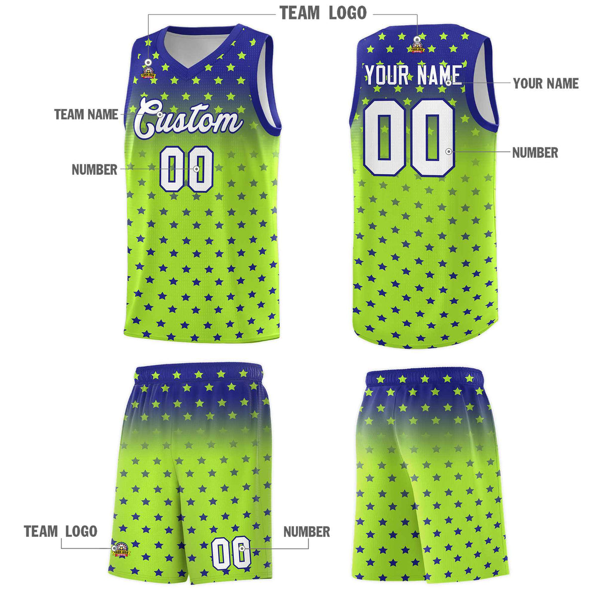 Custom Royal Light Green Gradient Start Pattern Basketball Jersey Sets