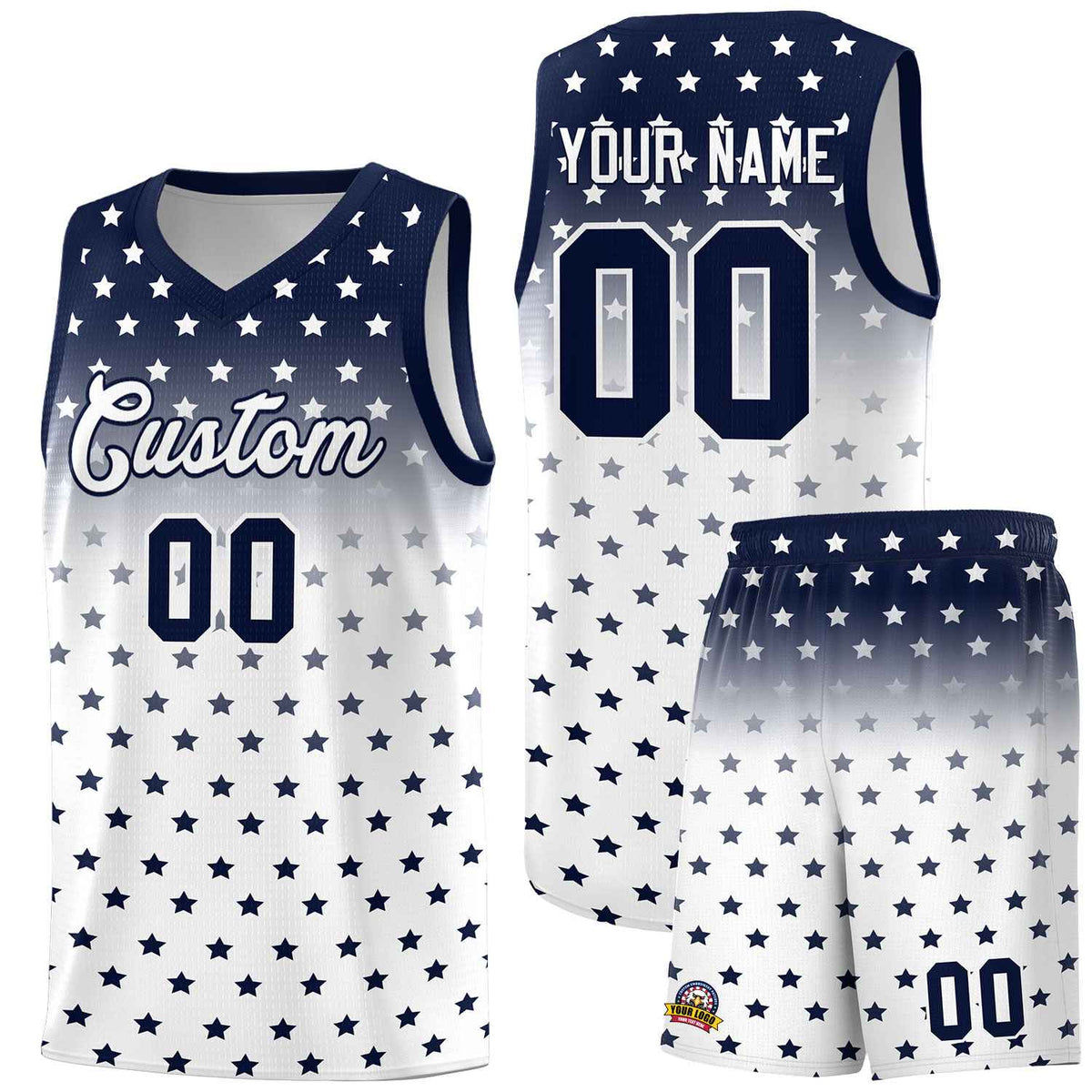 Custom Navy White Gradient Start Pattern Basketball Jersey Sets