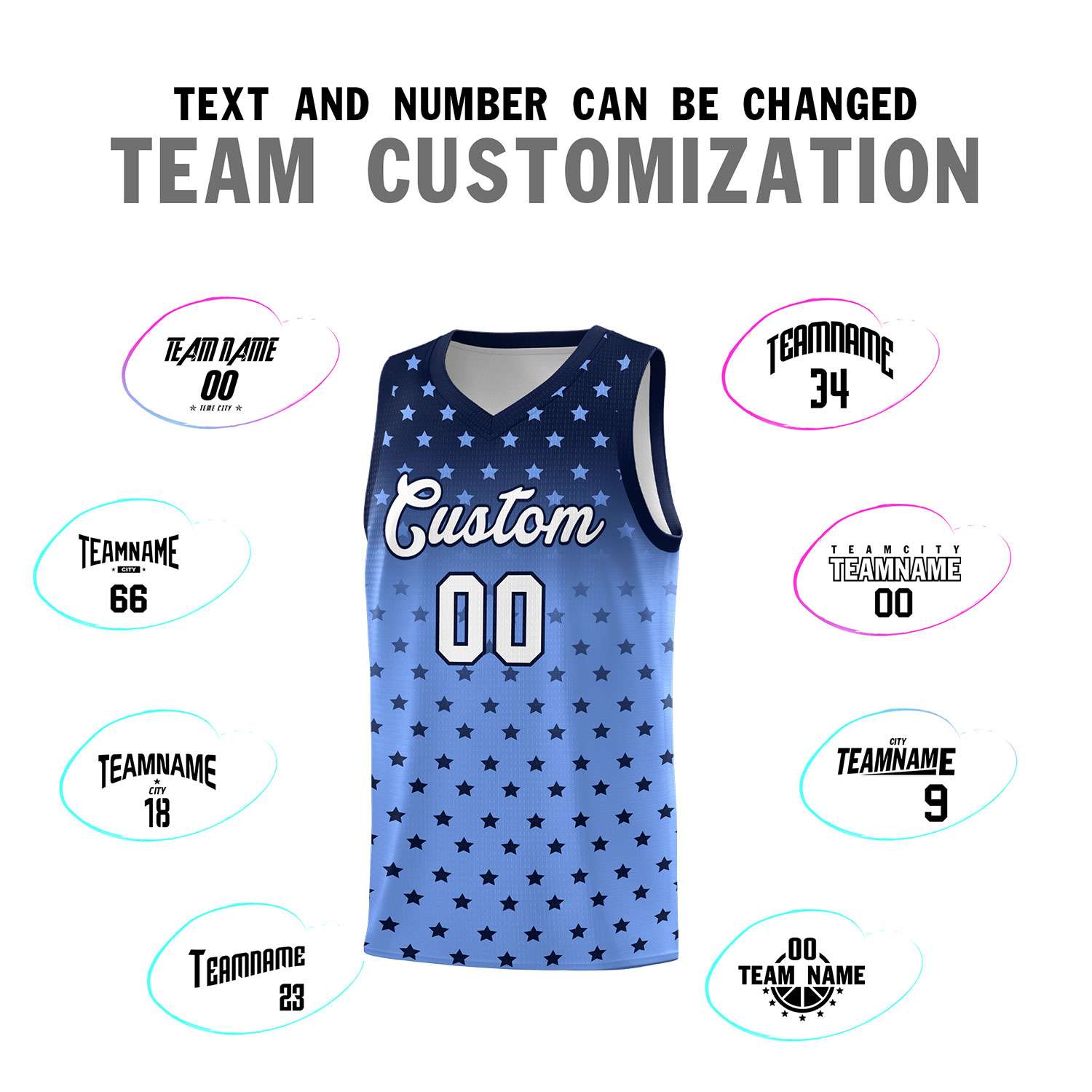Custom Navy Light Blue Gradient Start Pattern Basketball Jersey Sets