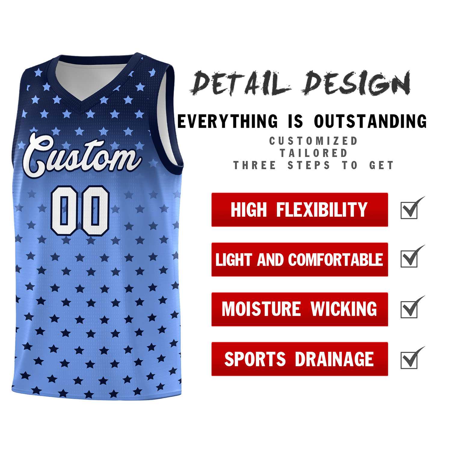 Custom Navy Light Blue Gradient Start Pattern Basketball Jersey Sets