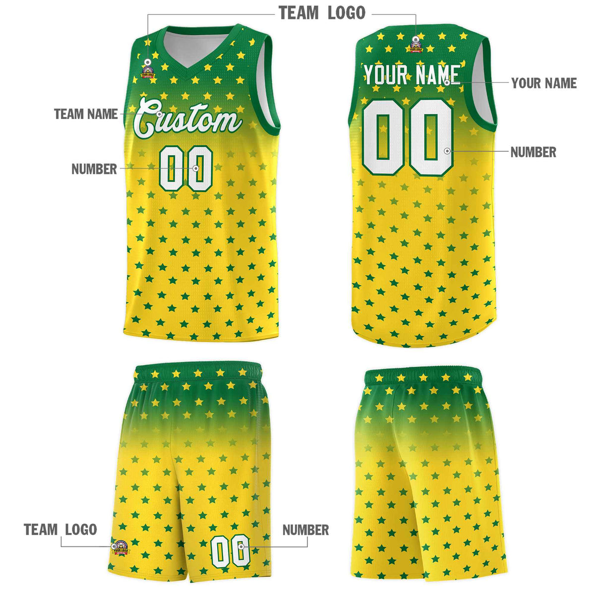 Custom Kelly Green Gold Gradient Start Pattern Basketball Jersey Sets