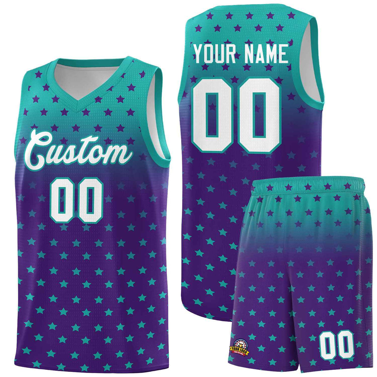 Custom Aqua Purple Gradient Start Pattern Basketball Jersey Sets