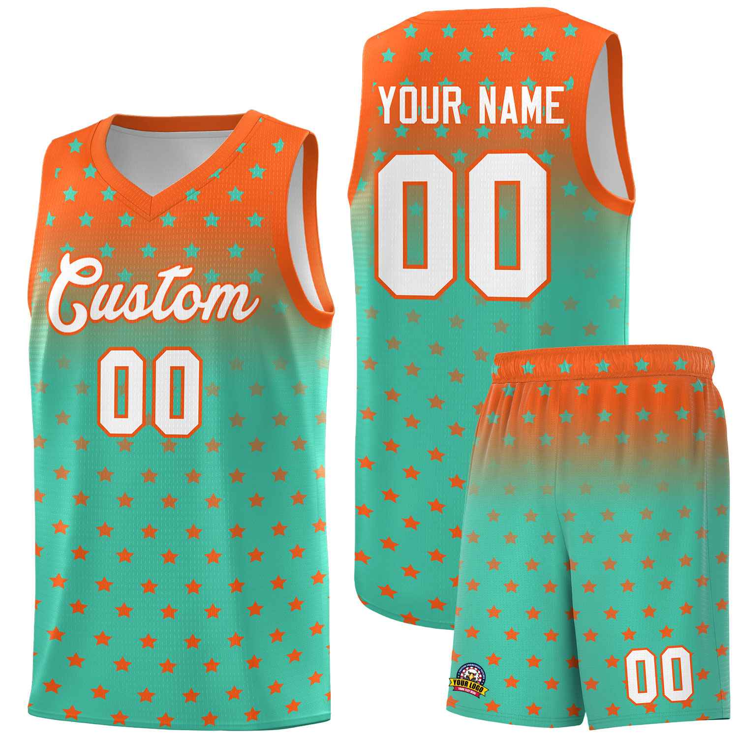 Custom Orange Aqua Gradient Start Pattern Basketball Jersey Sets