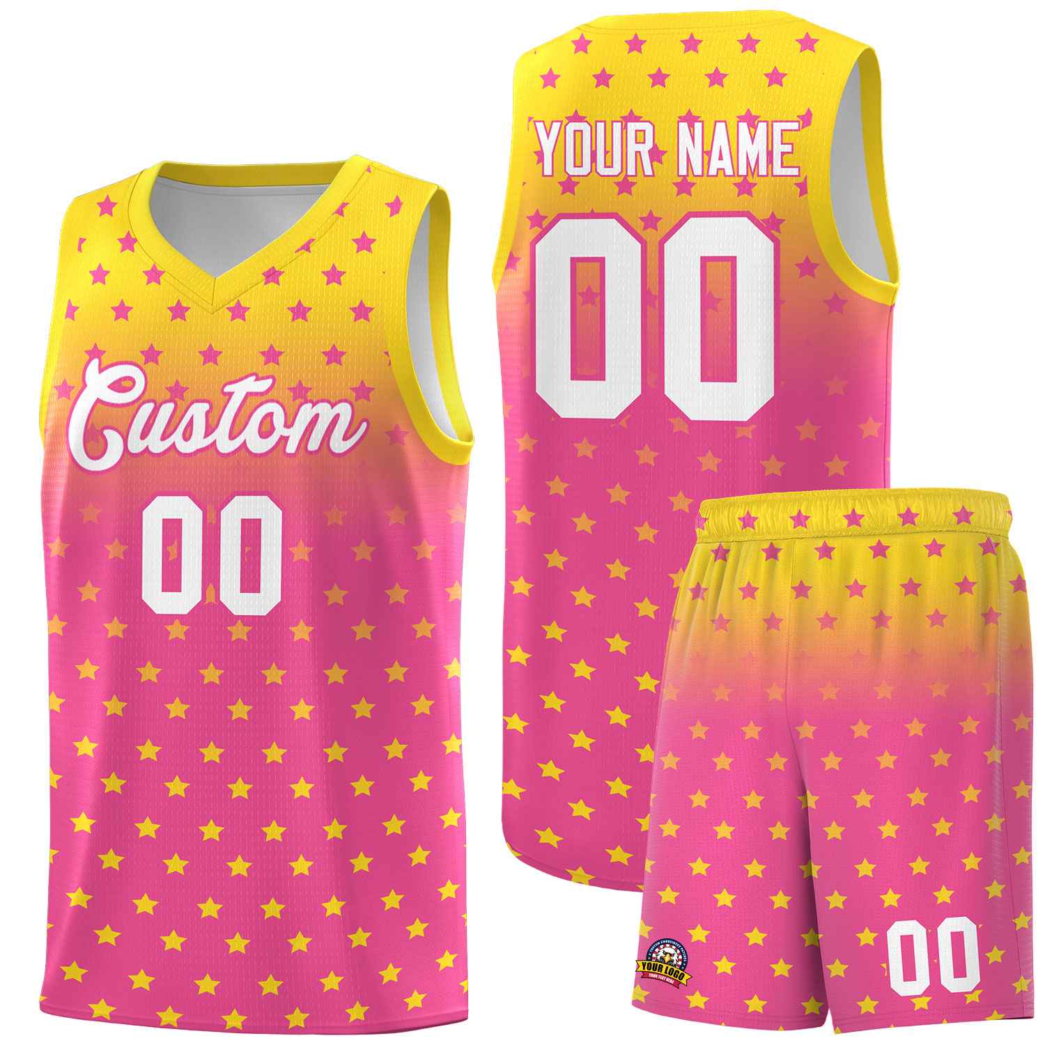 Custom Gold Pink Gradient Start Pattern Basketball Jersey Sets