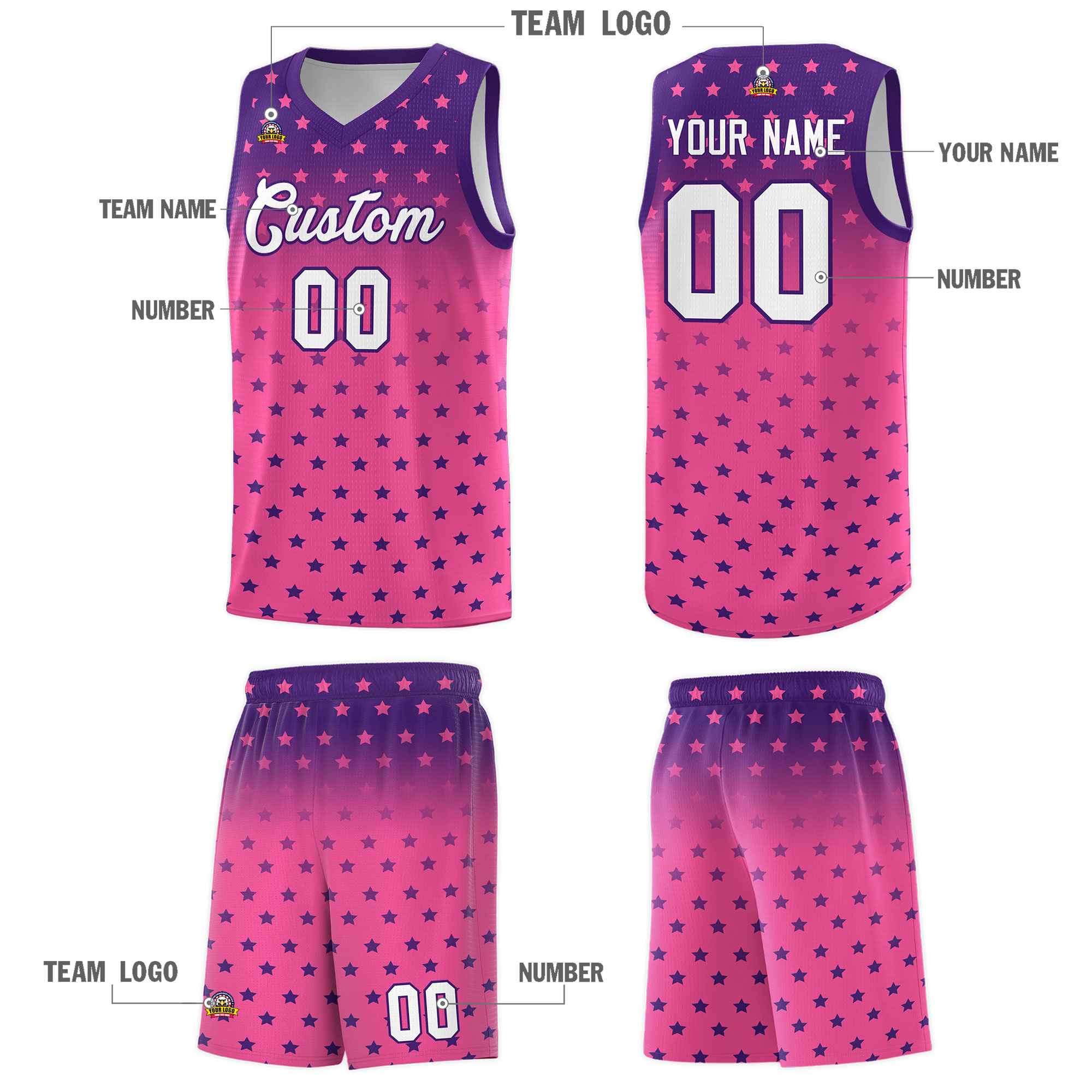 Custom Purple Pink Gradient Start Pattern Basketball Jersey Sets