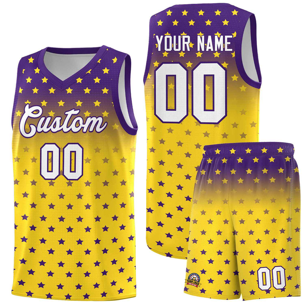 Custom Purple Gold Gradient Start Pattern Basketball Jersey Sets