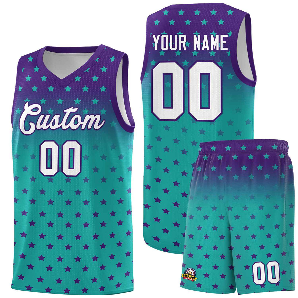 Custom Purple Aqua Gradient Start Pattern Basketball Jersey Sets
