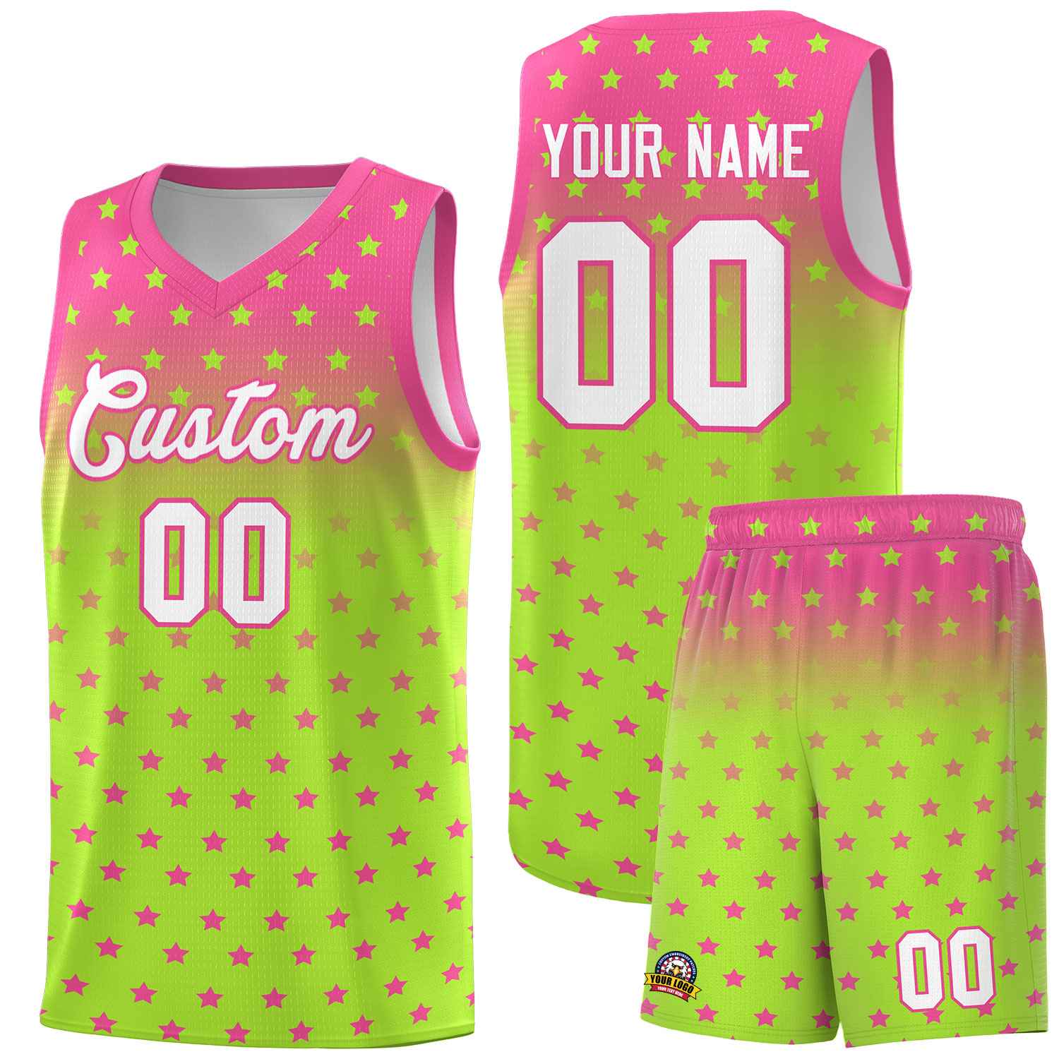 Custom Pink Light Green Gradient Start Pattern Basketball Jersey Sets