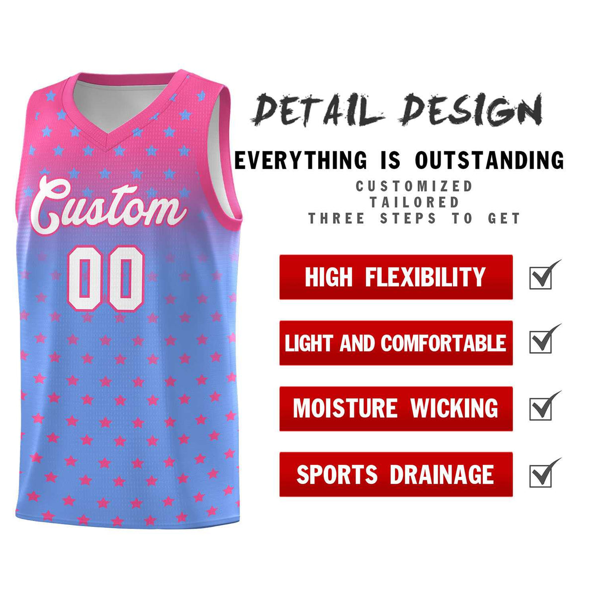 Custom Pink Light Blue Gradient Start Pattern Basketball Jersey Sets