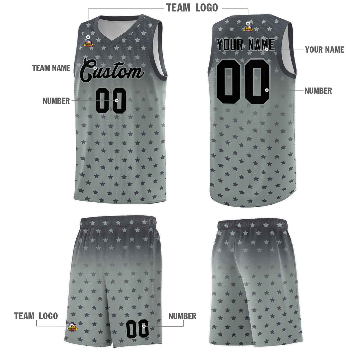 Custom Dark Gray Silver Gradient Start Pattern Basketball Jersey Sets