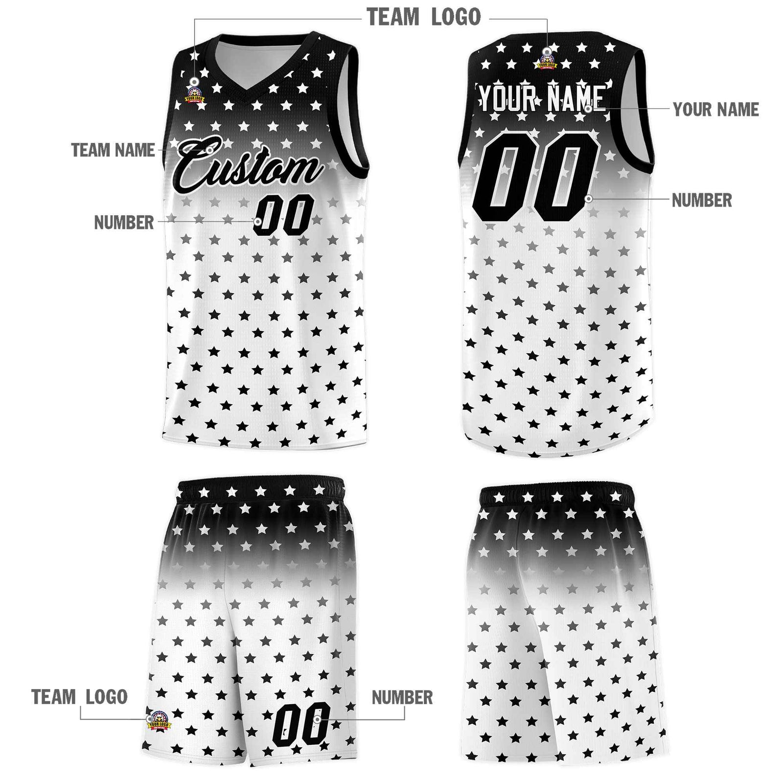 Custom Black White Gradient Start Pattern Basketball Jersey Sets