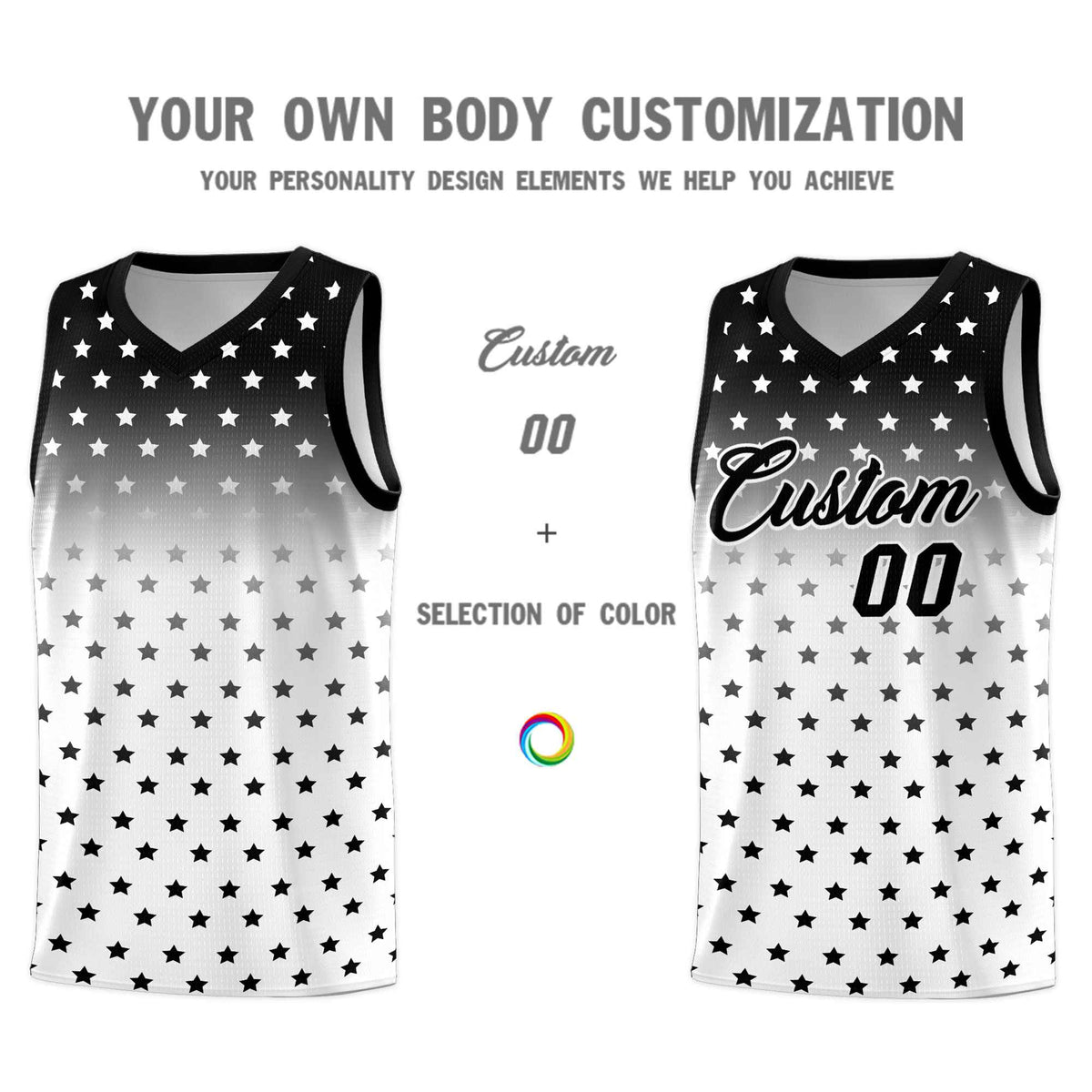 Custom Black White Gradient Start Pattern Basketball Jersey Sets