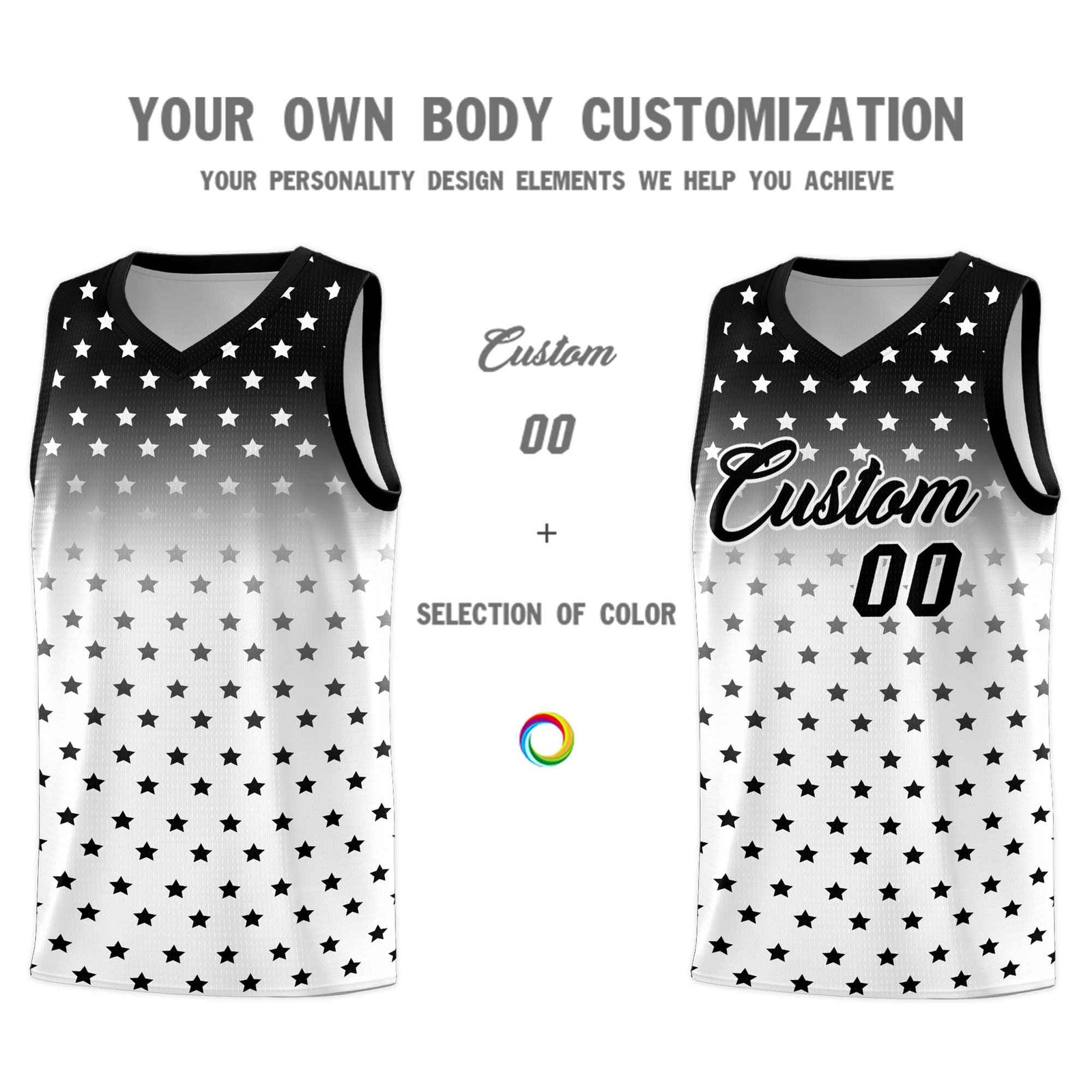 Custom Black White Gradient Start Pattern Basketball Jersey Sets