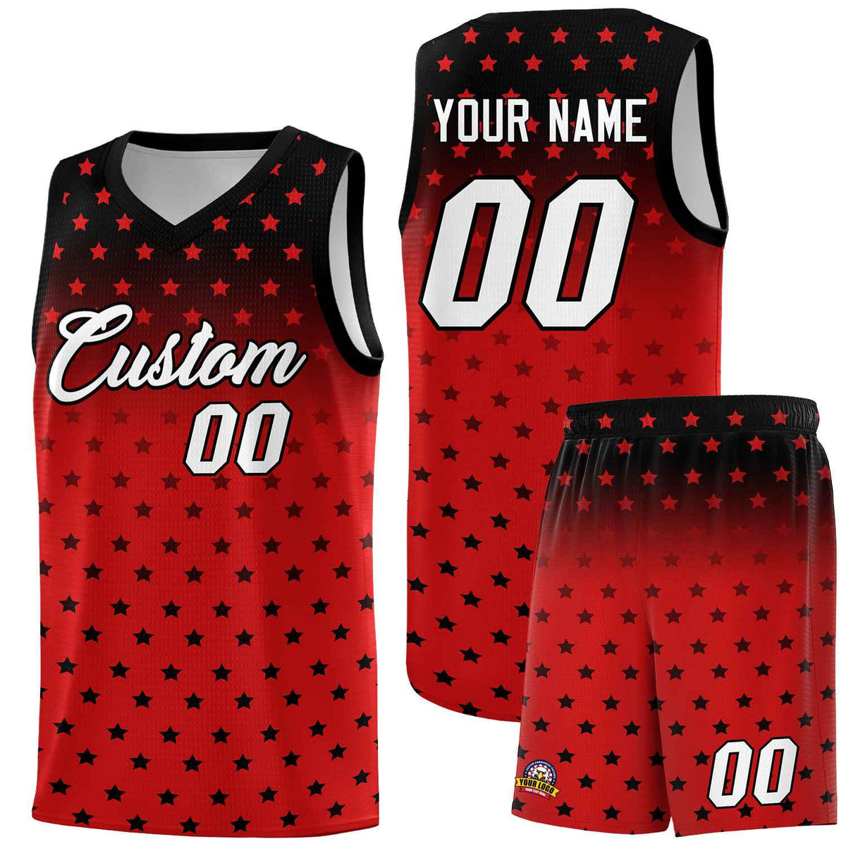 Custom Black Red Gradient Start Pattern Basketball Jersey Sets