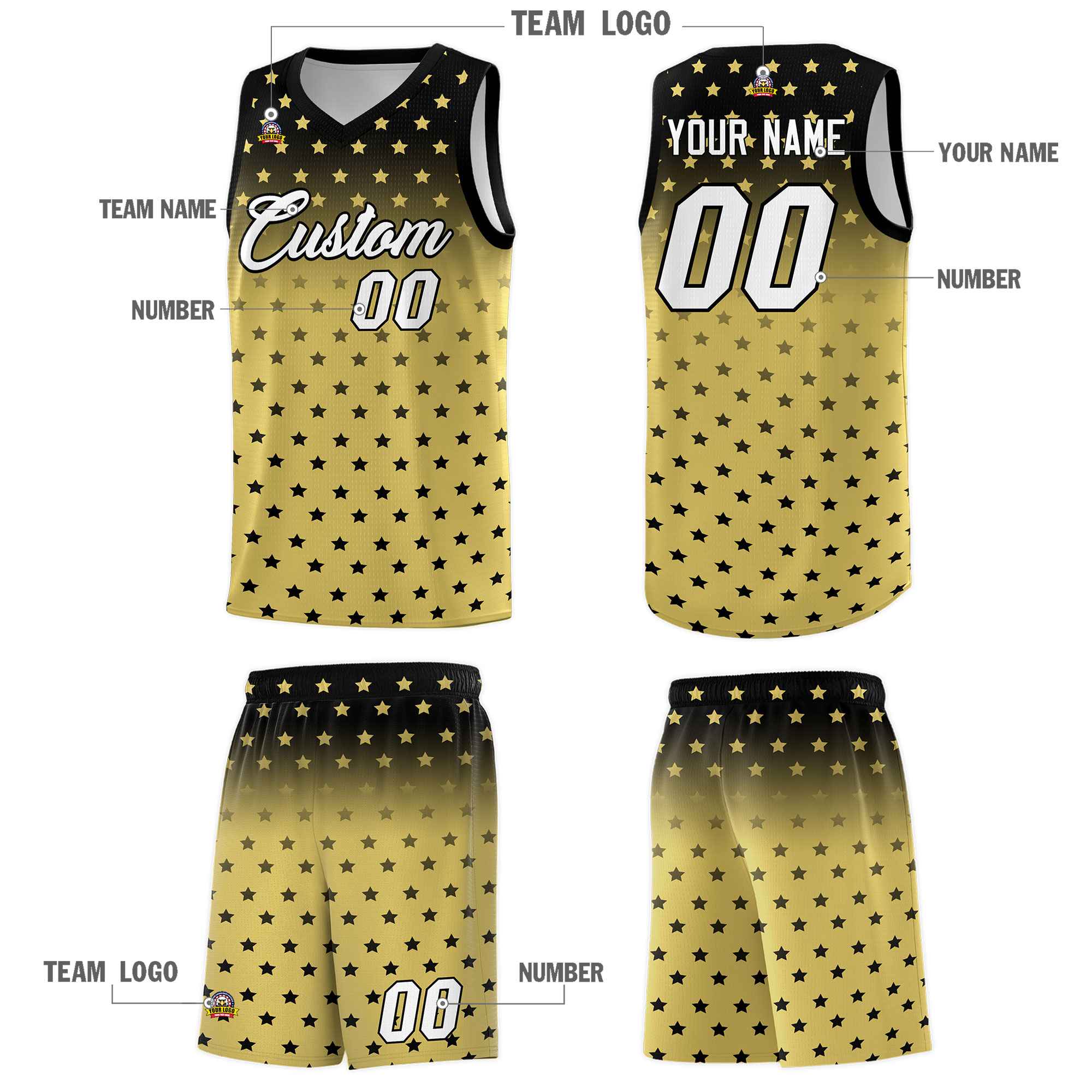 Custom Black Old Gold Gradient Start Pattern Basketball Jersey Sets