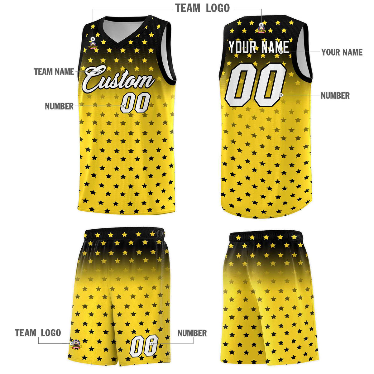 Custom Black Gold Gradient Start Pattern Basketball Jersey Sets