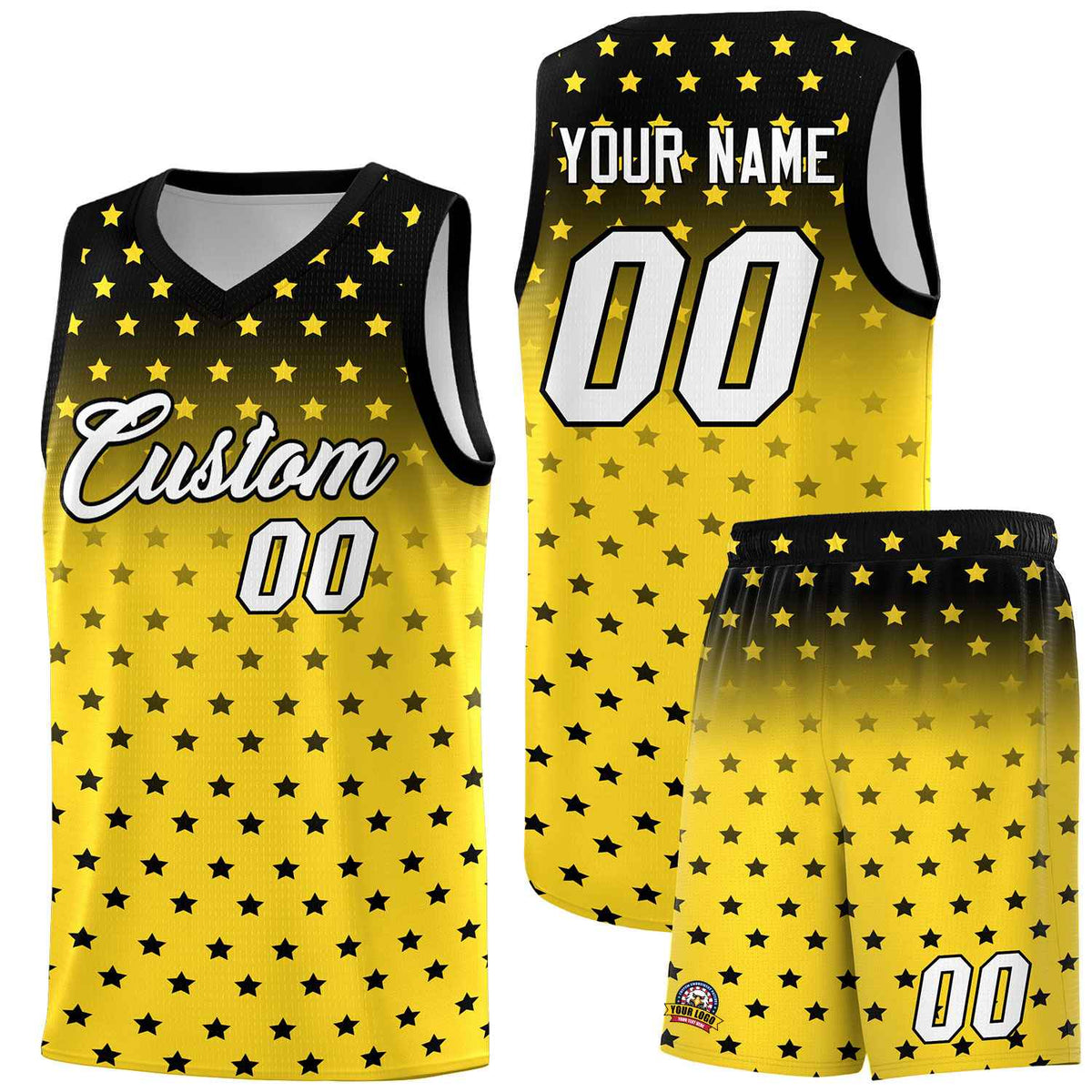 Custom Black Gold Gradient Start Pattern Basketball Jersey Sets