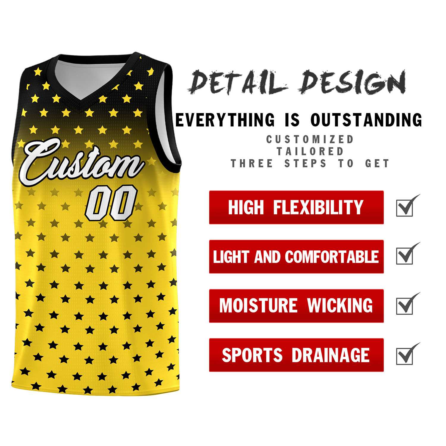 Custom Black Gold Gradient Start Pattern Basketball Jersey Sets