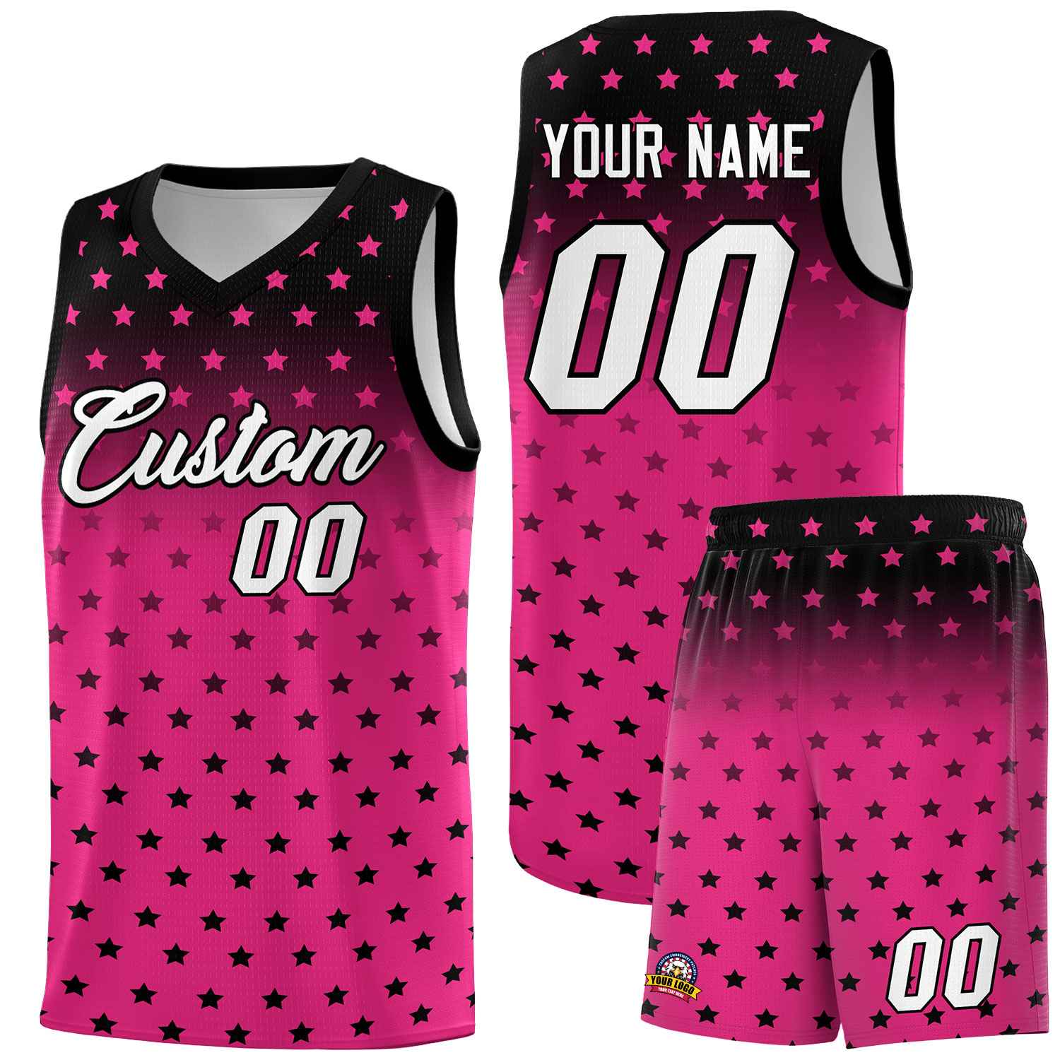 Custom Black Pink Gradient Start Pattern Basketball Jersey Sets