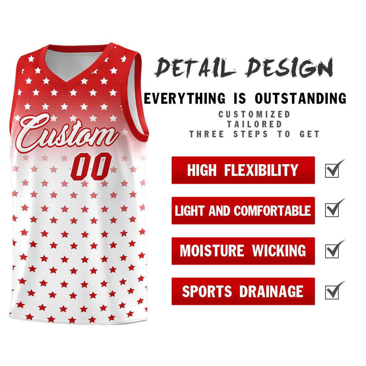 Custom Red White Gradient Start Pattern Basketball Jersey Sets