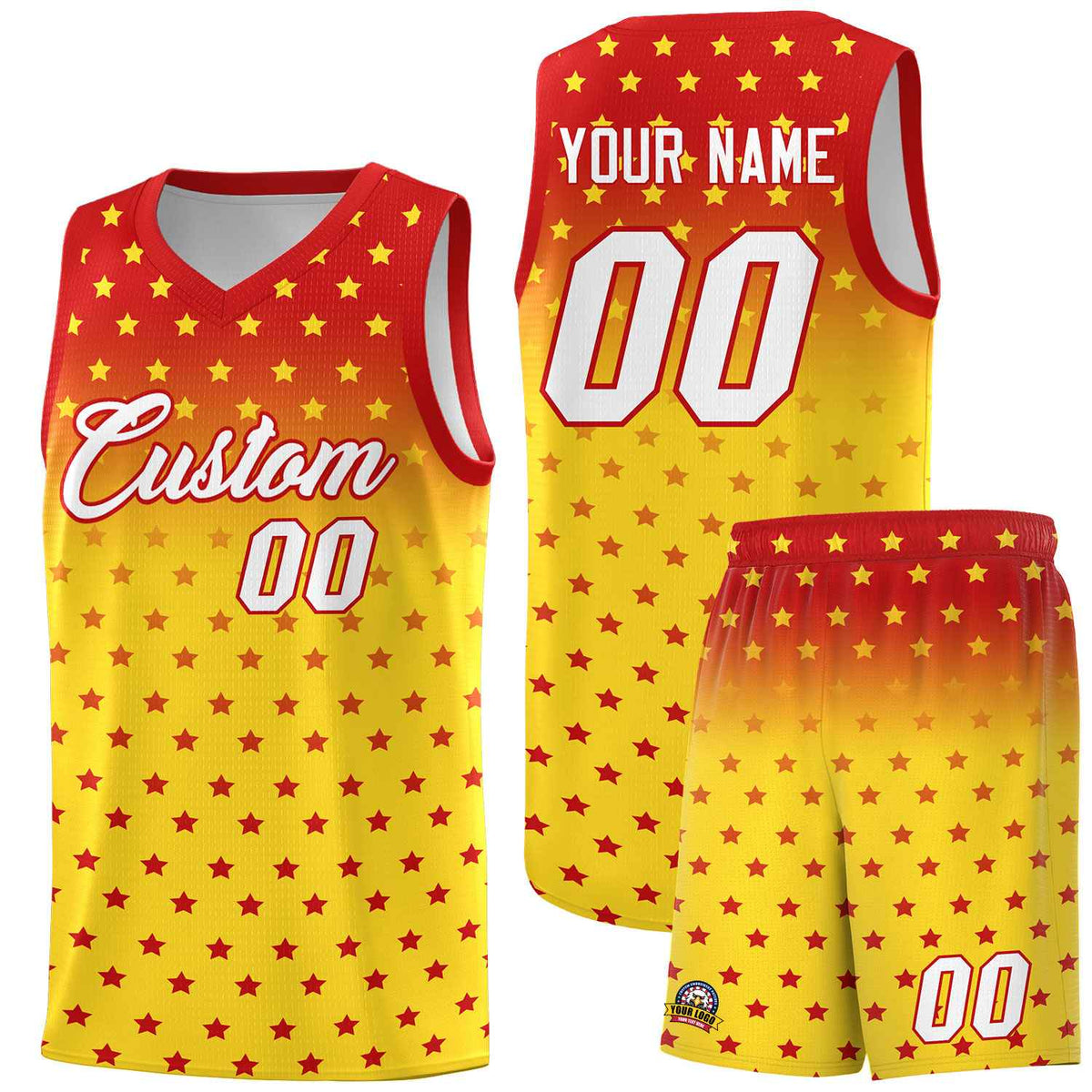 Custom Red Gold Gradient Start Pattern Basketball Jersey Sets