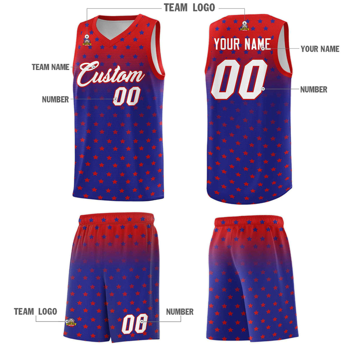 Custom Red Royal Gradient Start Pattern Basketball Jersey Sets