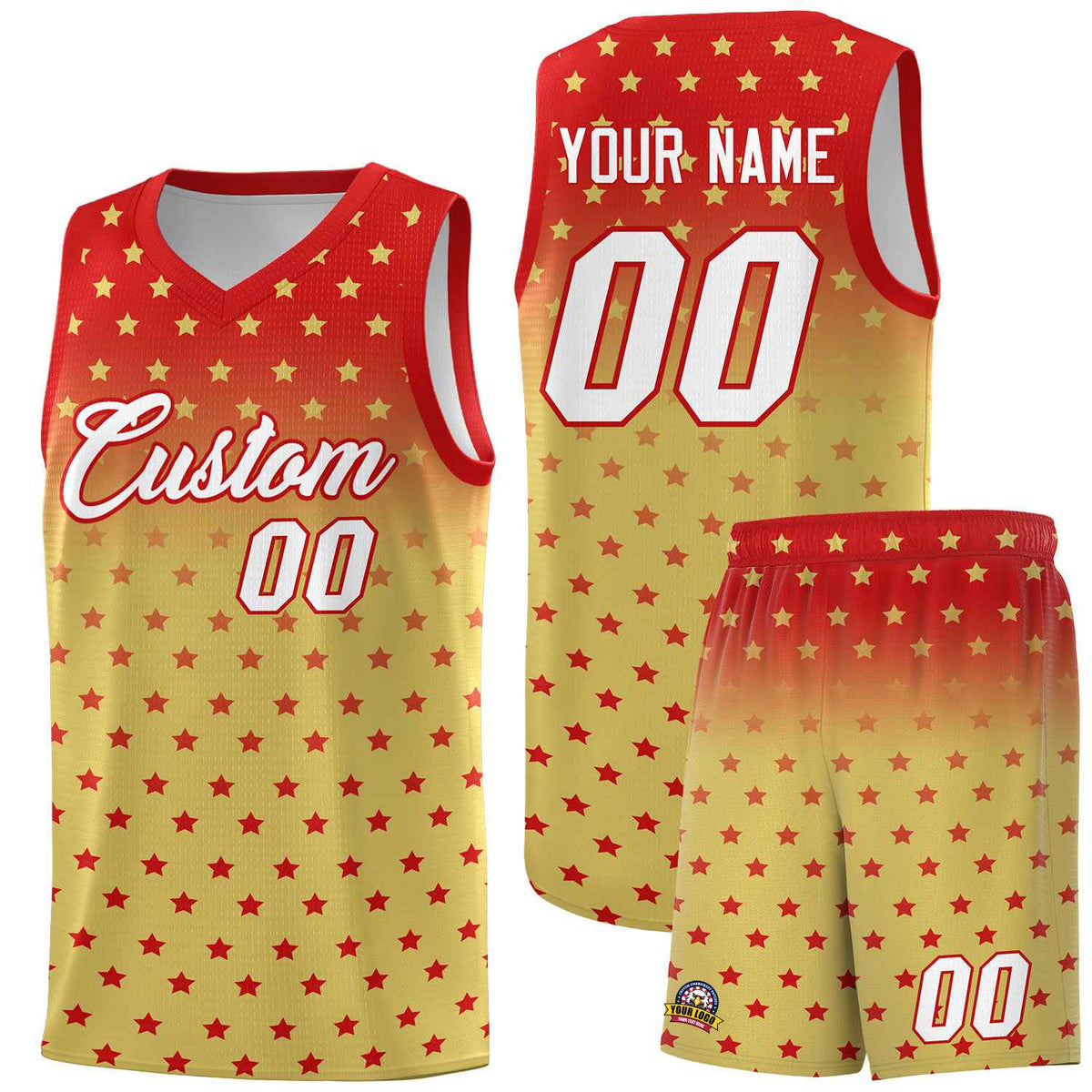 Custom Red Old Gold Gradient Start Pattern Basketball Jersey Sets