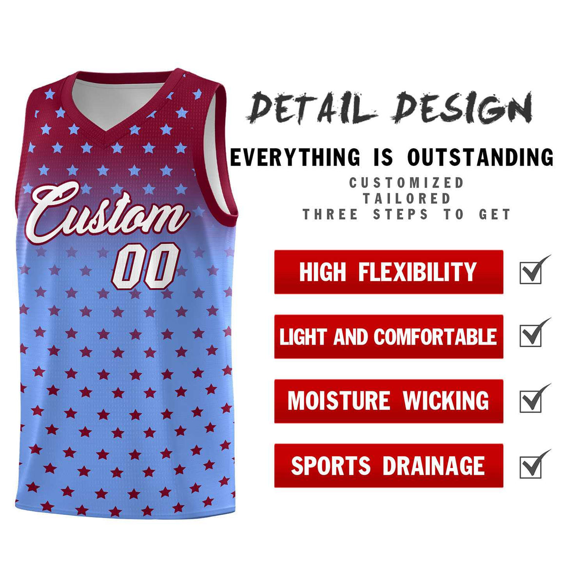 Custom Crimson Light Blue Gradient Start Pattern Basketball Jersey Sets