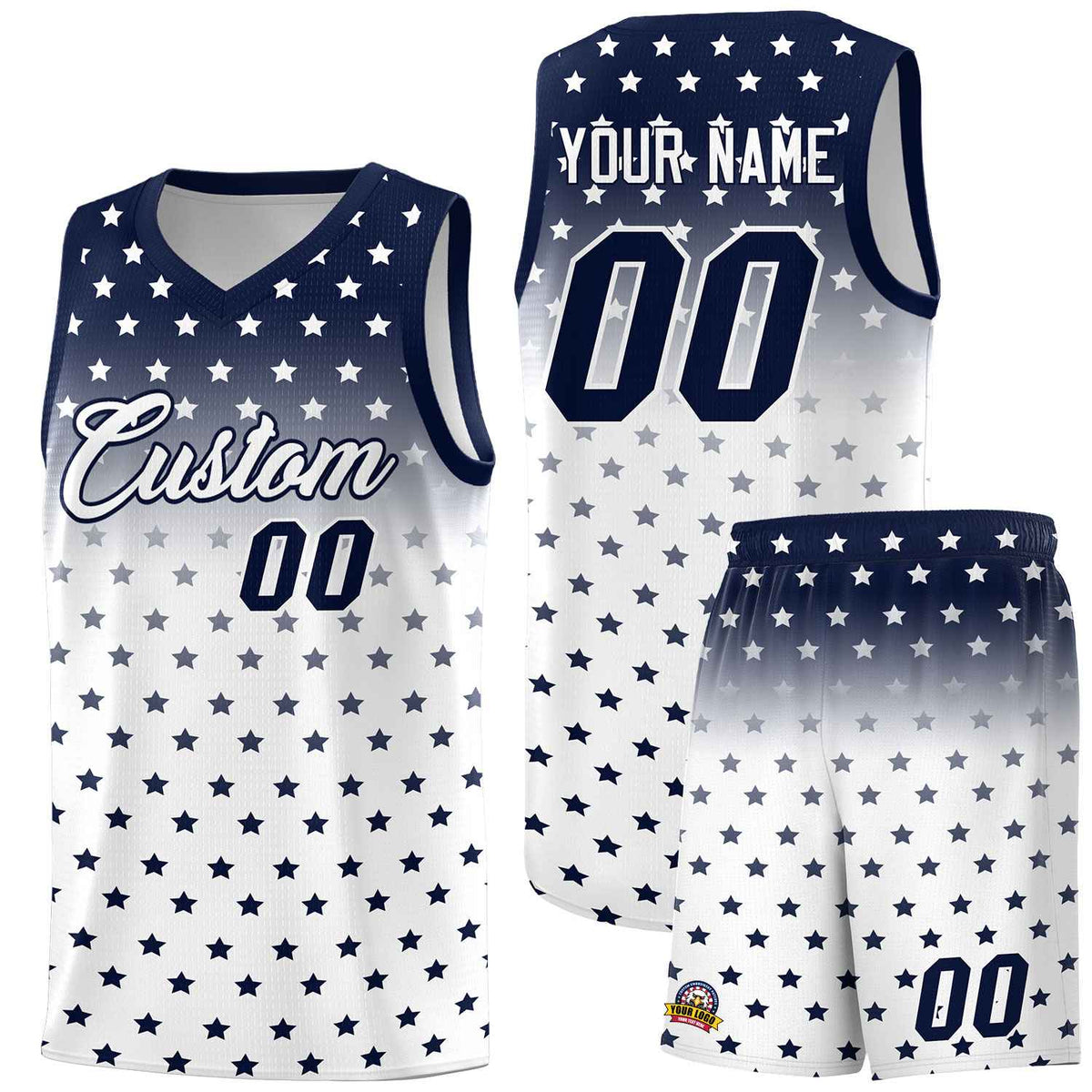 Custom Navy White Gradient Start Pattern Basketball Jersey Sets