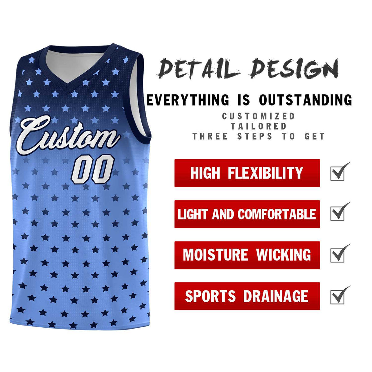 Custom Navy Light Blue Gradient Start Pattern Basketball Jersey Sets