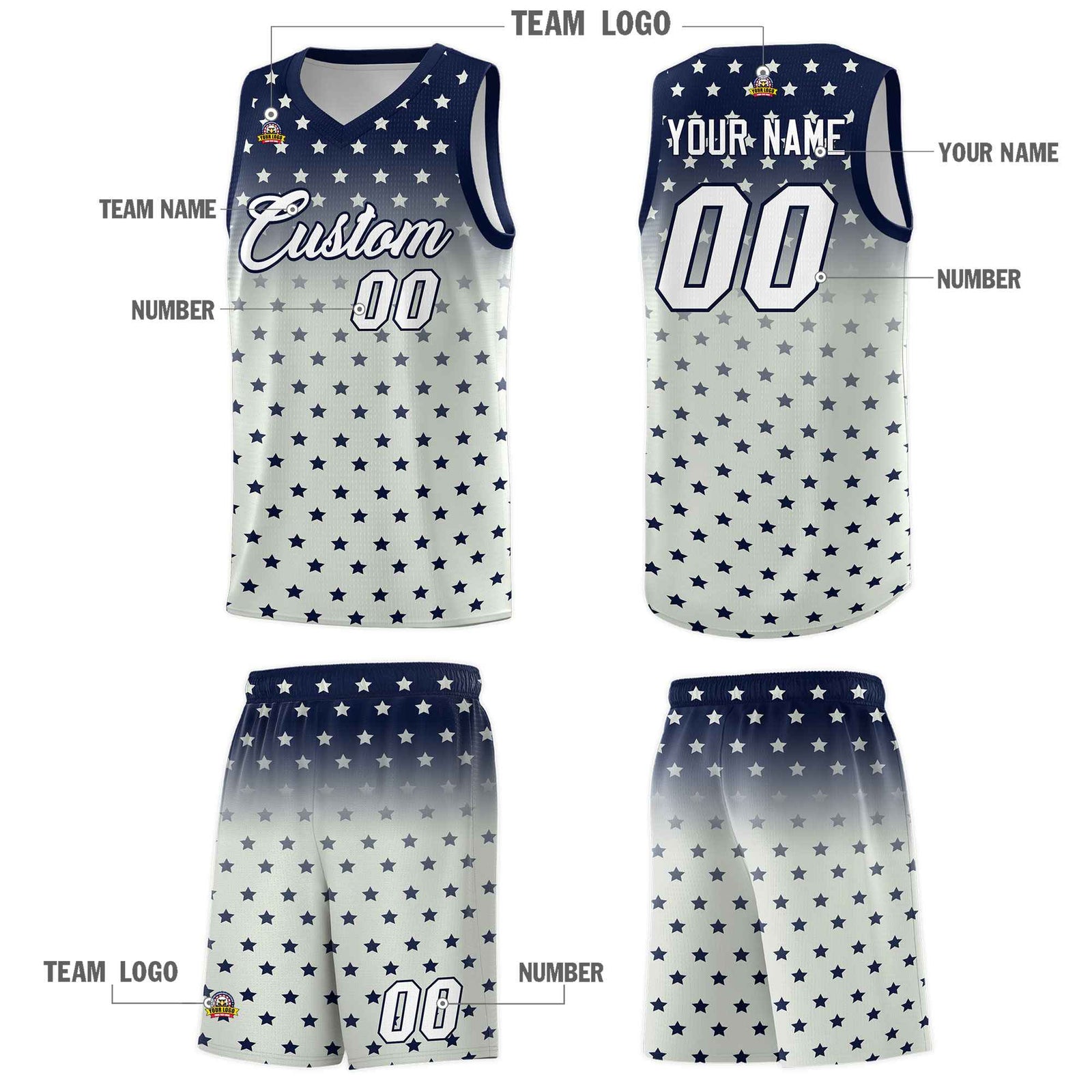 Custom Navy Gray Gradient Start Pattern Basketball Jersey Sets