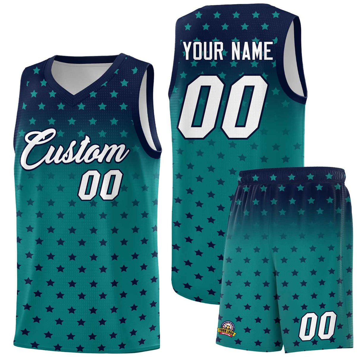 Custom Navy Aqua Gradient Start Pattern Basketball Jersey Sets