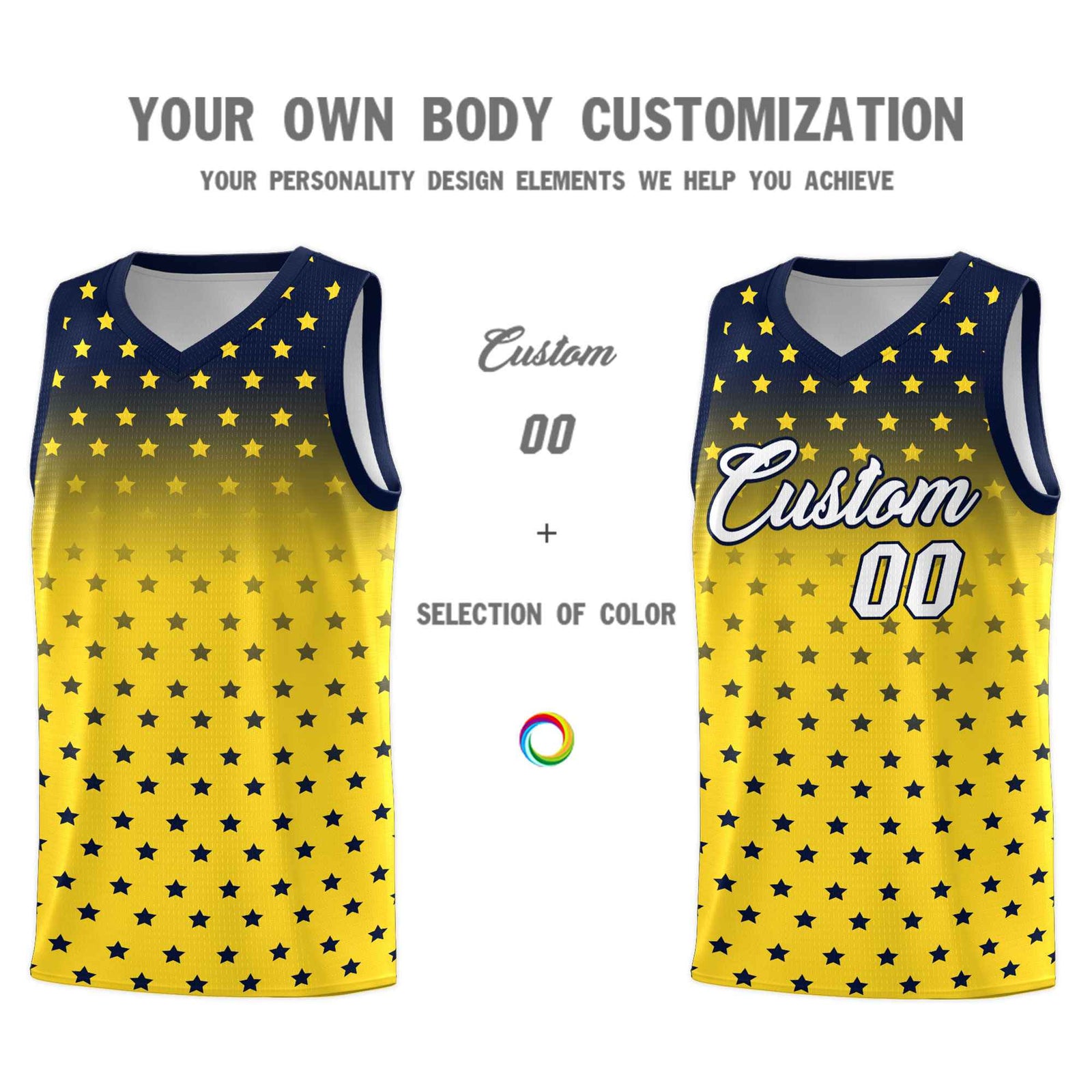 Custom Navy Gold Gradient Start Pattern Basketball Jersey Sets