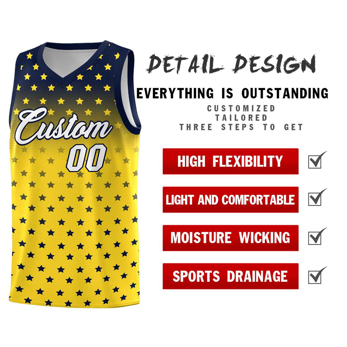 Custom Navy Gold Gradient Start Pattern Basketball Jersey Sets
