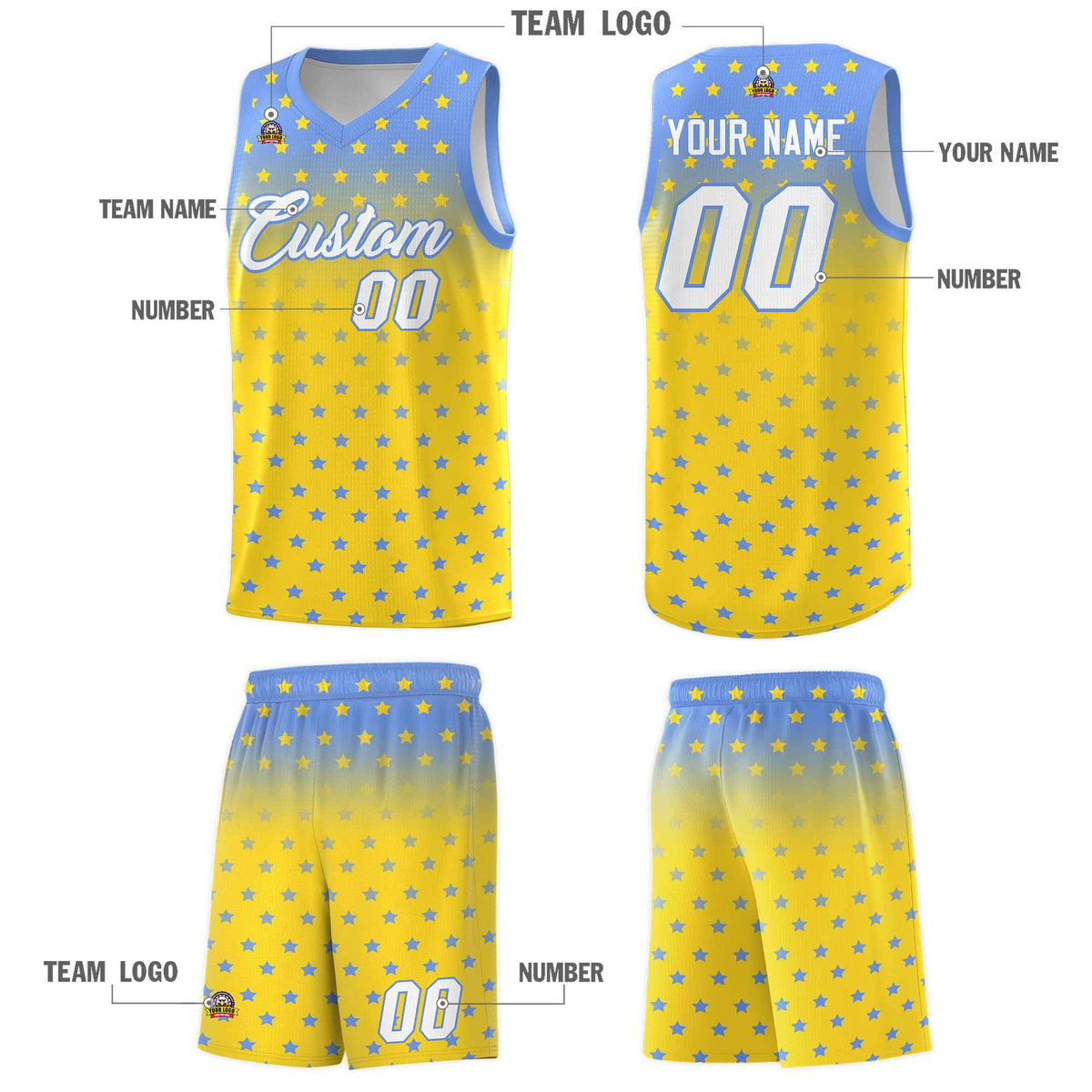 Custom Light Blue Gold Gradient Start Pattern Basketball Jersey Sets