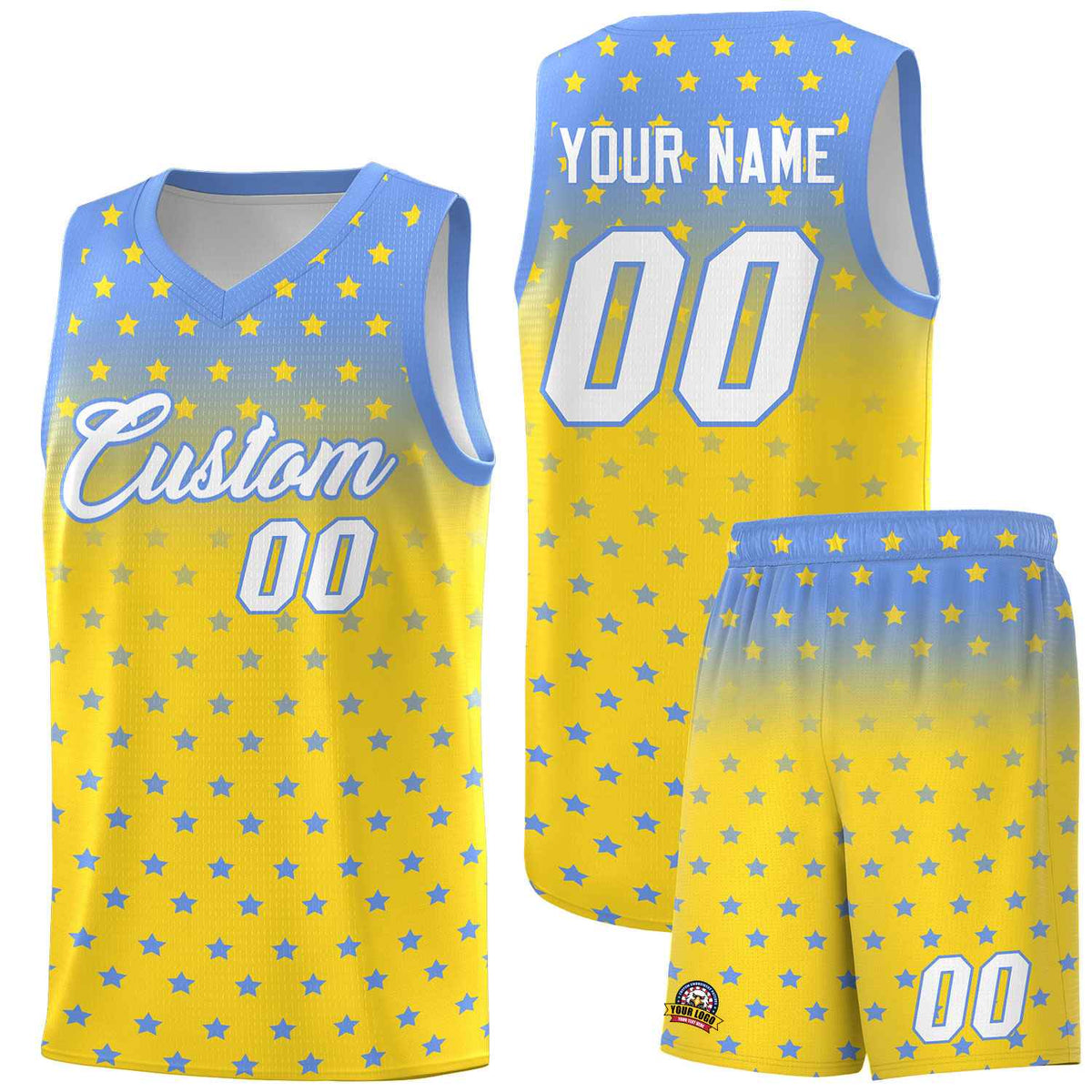 Custom Light Blue Gold Gradient Start Pattern Basketball Jersey Sets