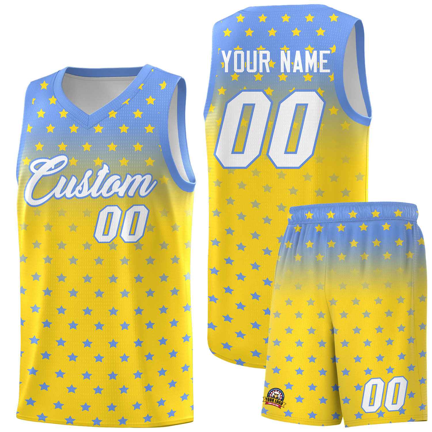 Custom Light Blue Gold Gradient Start Pattern Basketball Jersey Sets