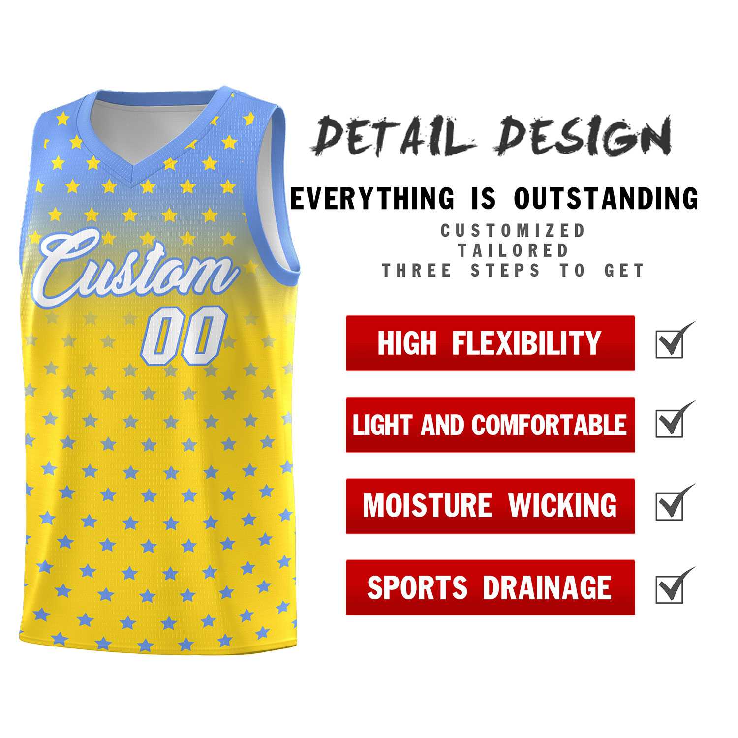 Custom Light Blue Gold Gradient Start Pattern Basketball Jersey Sets