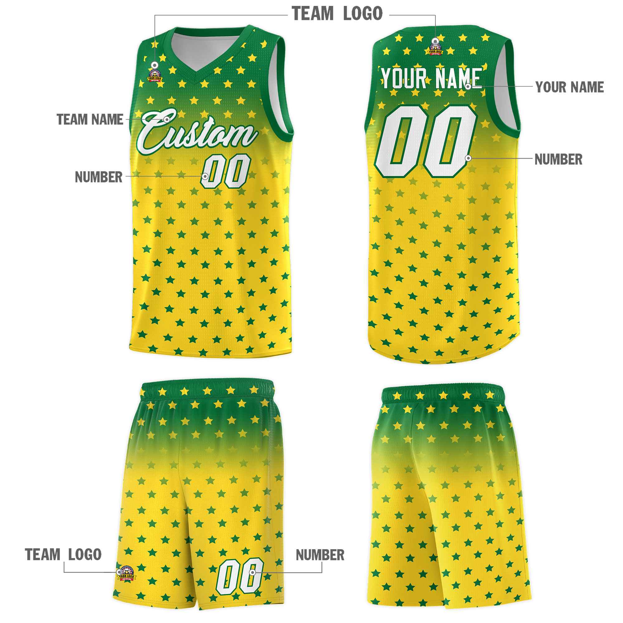 Custom Kelly Green Gold Gradient Start Pattern Basketball Jersey Sets