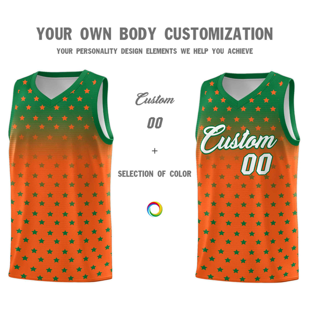 Custom Kelly Green Orange Gradient Start Pattern Basketball Jersey Sets